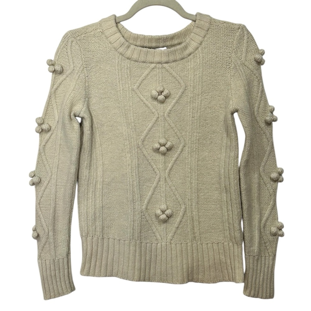 Lord & Taylor Cable Knit Sweater Wool Aran Style Pom Pom Artsy Boho Cream S